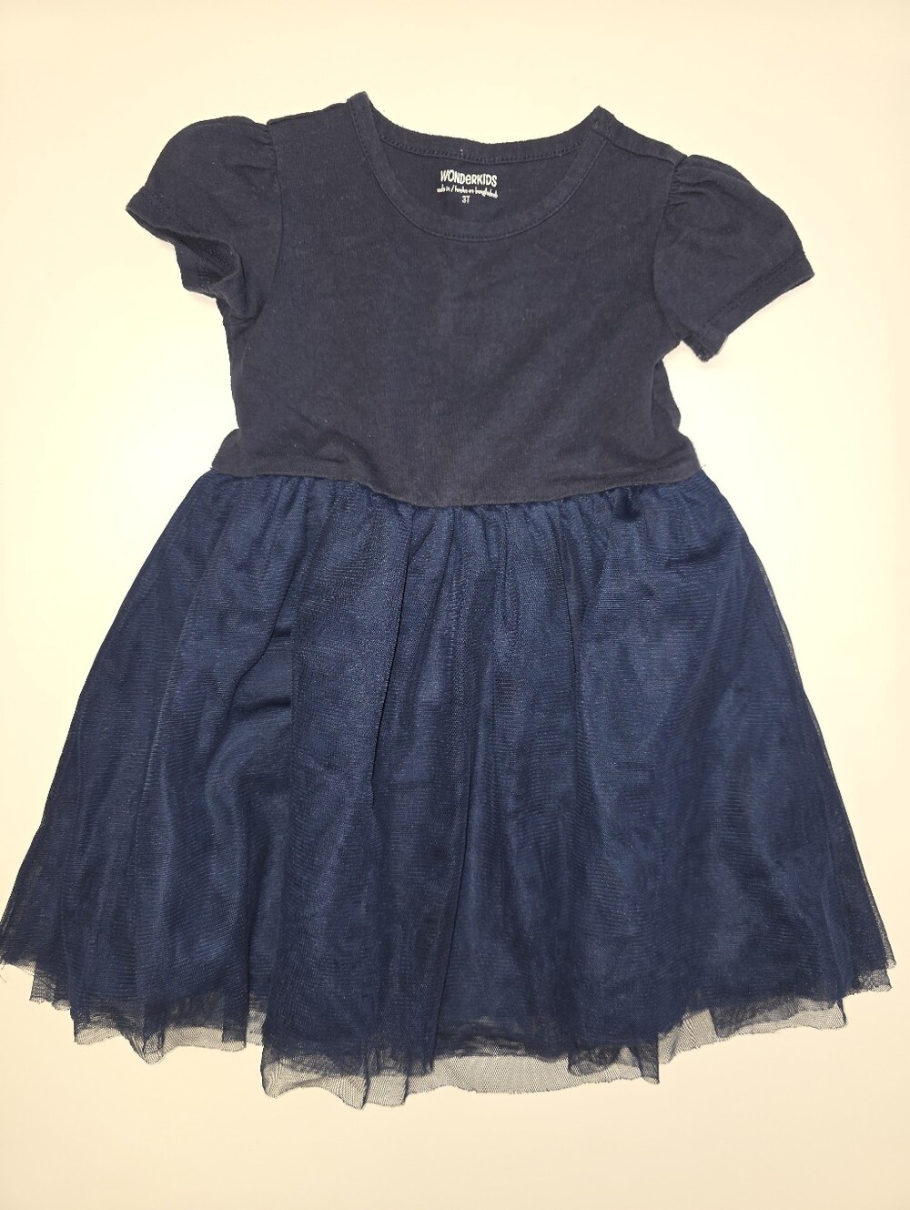 Wonderkids Navy Blue Puff-Sleeve Tulle Dress